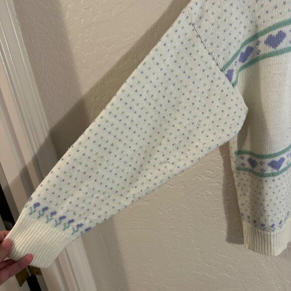 90’s Vintage Village Green Embroidered Cat & Hearts Grandma Knit Crewneck Sweate - Picture 2 of 8